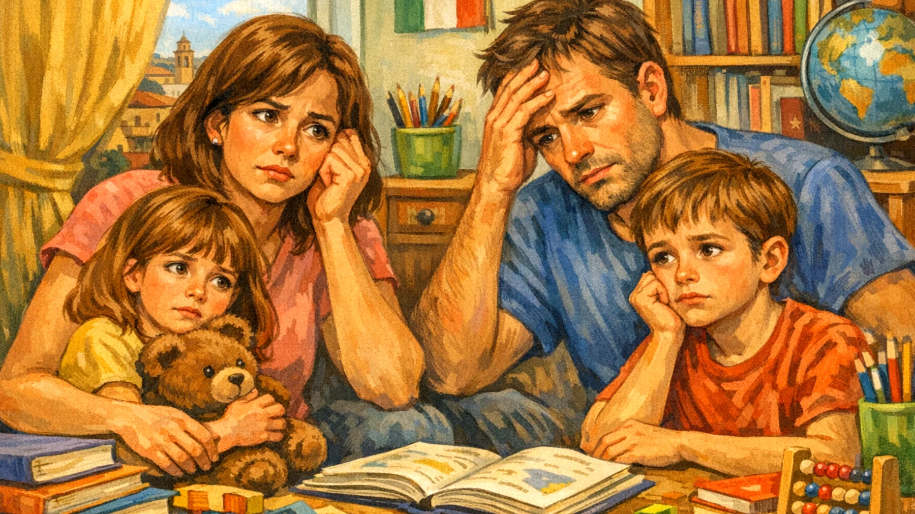 Genitori con bambini piccoli che vivono con ansia costante il futuro dei figli, preoccupandosi eccessivamente delle loro scelte educative, opportunità formative e del mondo che li aspetta, rischiando di trasmettere insicurezza invece di fiducia"