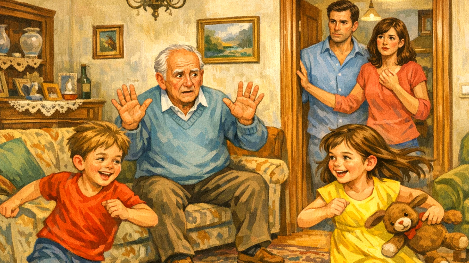 Il nonno fatica a far rispettare le regole e i limiti ai nipoti bambini durante il tempo trascorso insieme, creando tensioni con i genitori e confusione educativa nei piccoli"