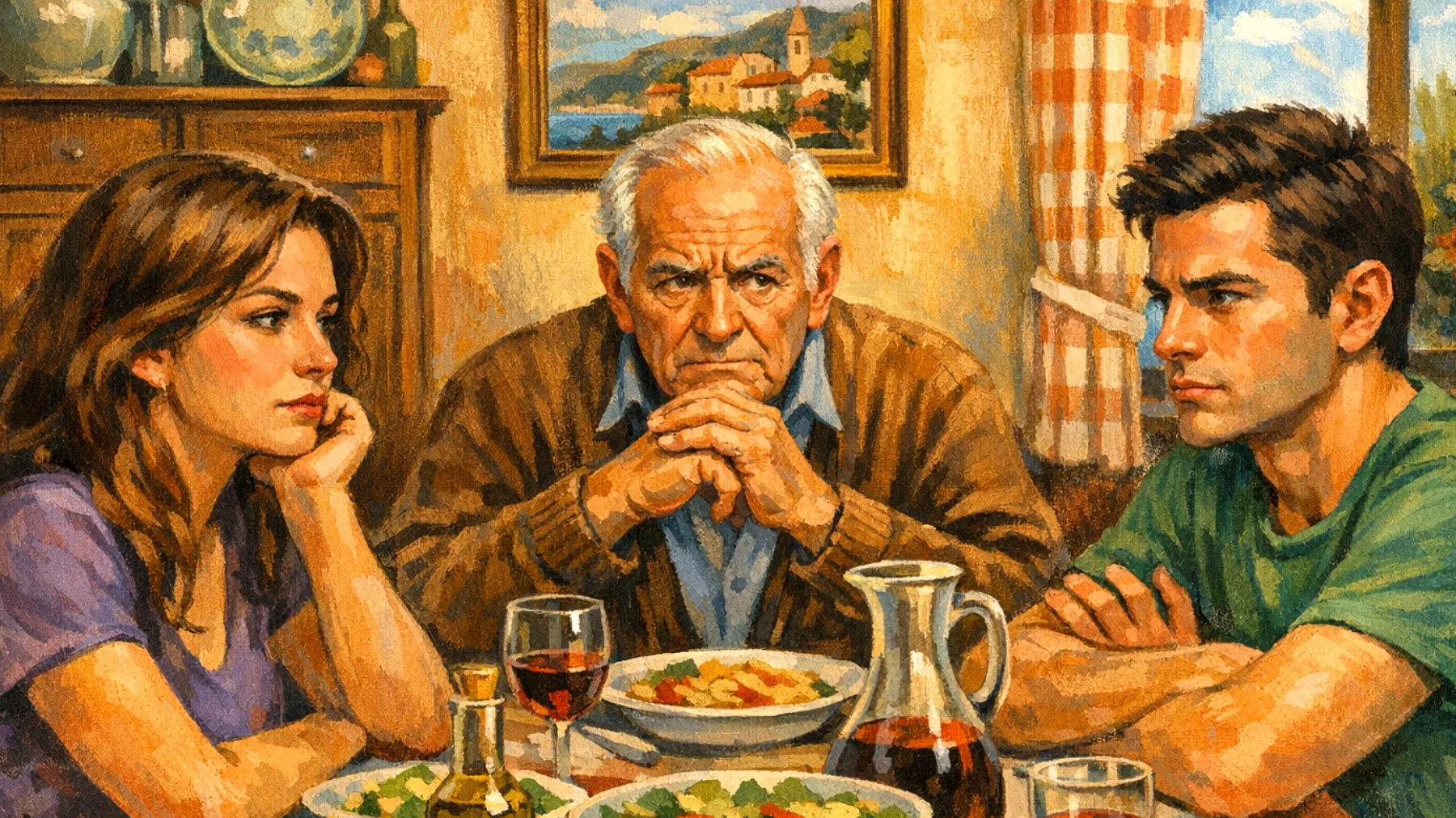 Il nonno fatica a comprendere e ad accettare le scelte di vita dei nipoti giovani adulti, generando incomprensioni e tensioni dovute alla distanza tra i valori tradizionali e le aspirazioni moderne dei ragazzi"