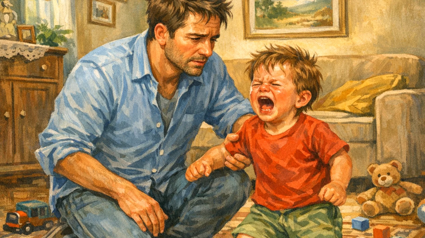 Papà che fatica a gestire i comportamenti impulsivi, oppositivi e le crisi di rabbia dei bambini piccoli, sentendosi inadeguato e perdendo pazienza nelle situazioni di conflitto quotidiano"